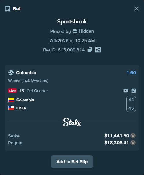 Bet slip: Colombia - Chile, $11,766.79 stake at 1.60 odds, placed by Hidden