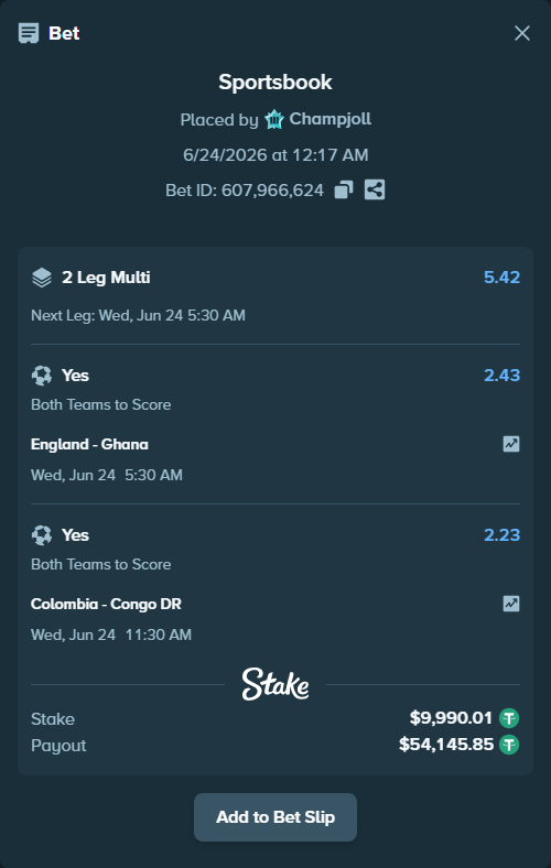 Bet slip: Colombia - Congo DR, $10,000.00 stake at 2.23 odds, placed by Champjoll