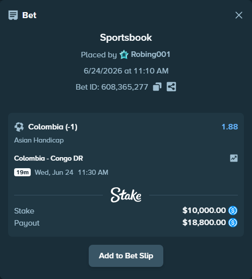Bet slip: Colombia - Congo DR, $10,000.00 stake at 1.88 odds, placed by Robing001