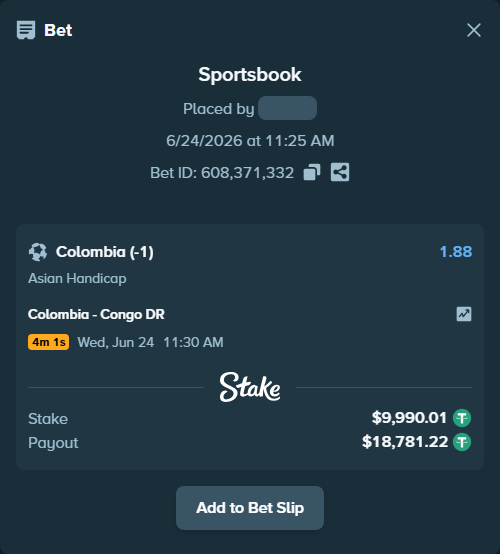 Bet slip: Colombia - Congo DR, $10,000.00 stake at 1.88 odds, placed by Latino1998