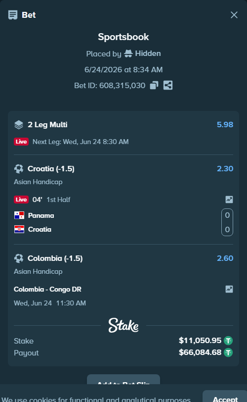 Bet slip: Colombia - Congo DR, $11,062.00 stake at 2.60 odds, placed by DMNTE96