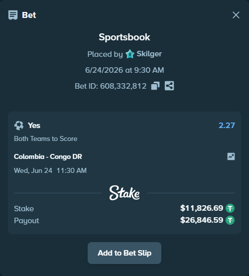 Bet slip: Colombia - Congo DR, $11,838.52 stake at 2.27 odds, placed by Skilger