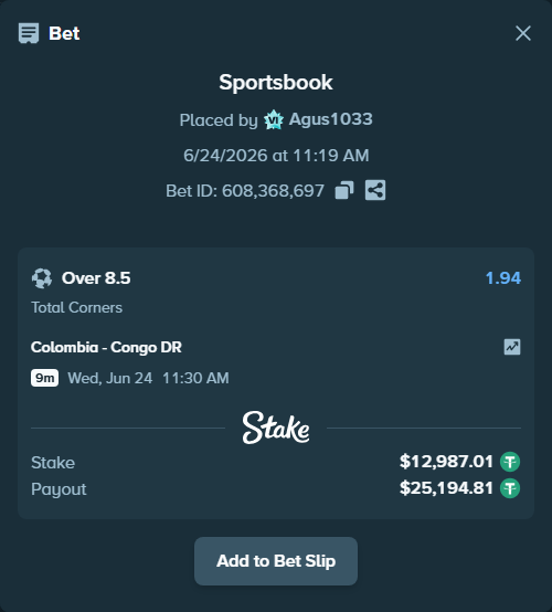 Bet slip: Colombia - Congo DR, $13,000.00 stake at 1.94 odds, placed by Agus1033