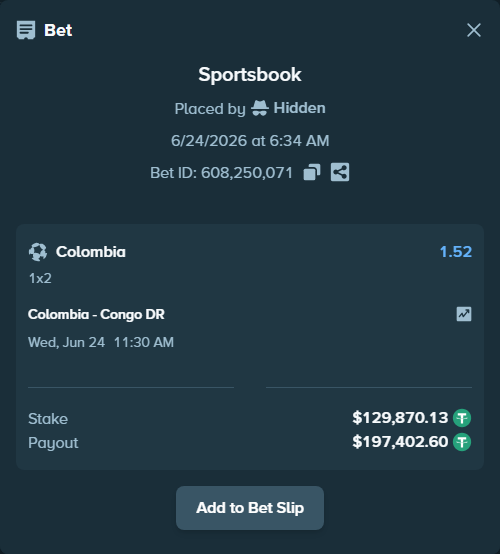 Bet slip: Colombia - Congo DR, $130,000.00 stake at 1.52 odds, placed by Dekourouba13