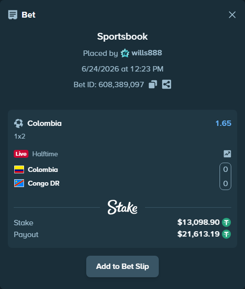 Bet slip: Colombia - Congo DR, $13,112.00 stake at 1.65 odds, placed by wills888