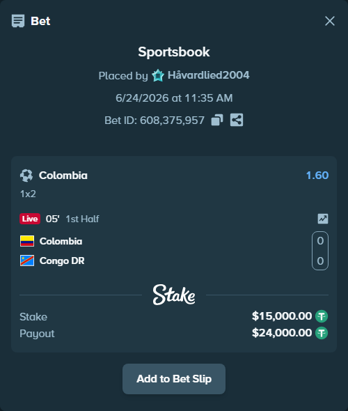 Bet slip: Colombia - Congo DR, $15,015.00 stake at 1.60 odds, placed by Håvardlied2004