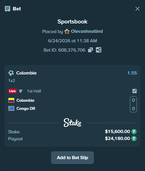 Bet slip: Colombia - Congo DR, $15,615.60 stake at 1.55 odds, placed by Olecashoutlind