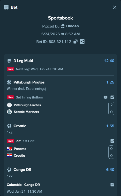 Bet slip: Colombia - Congo DR, $18,568.32 stake at 6.40 odds, placed by Hidden