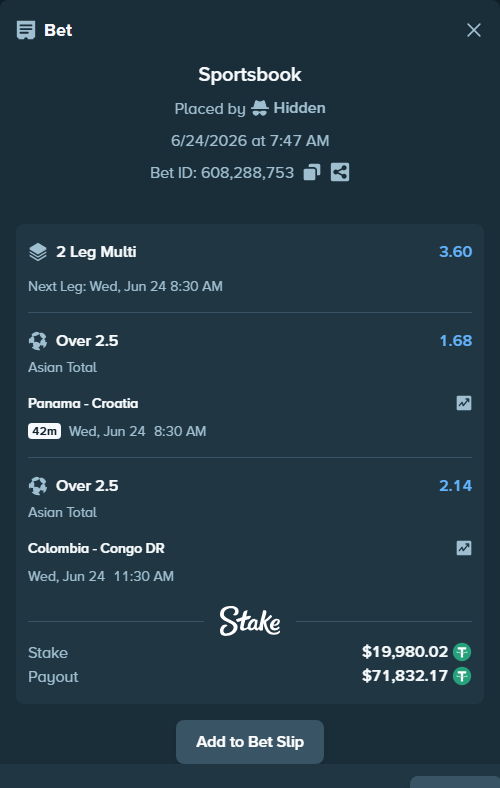 Bet slip: Colombia - Congo DR, $20,000.00 stake at 2.14 odds, placed by Champjoll