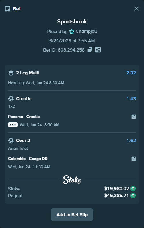 Bet slip: Colombia - Congo DR, $20,000.00 stake at 1.62 odds, placed by Champjoll