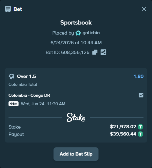 Bet slip: Colombia - Congo DR, $22,000.00 stake at 1.80 odds, placed by golichin