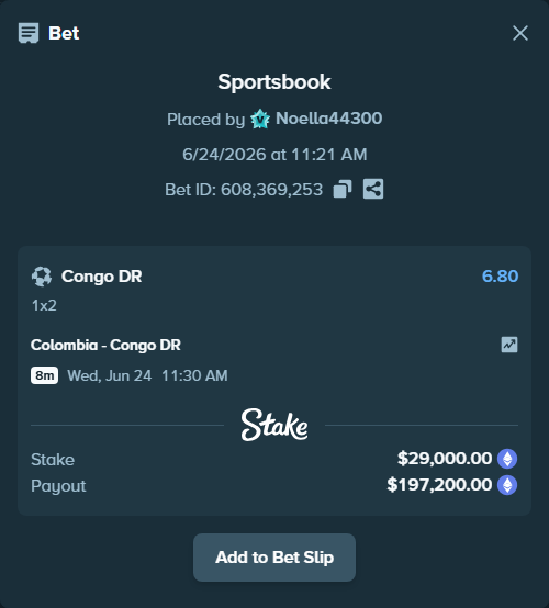 Bet slip: Colombia - Congo DR, $27,148.89 stake at 6.80 odds, placed by Noella44300