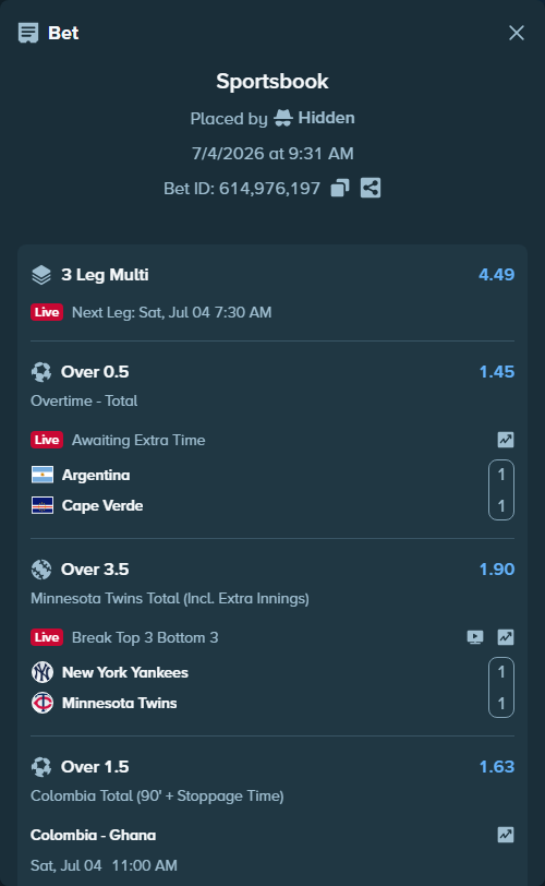 Bet slip: Colombia - Ghana, $10,000.00 stake at 1.63 odds, placed by Hidden