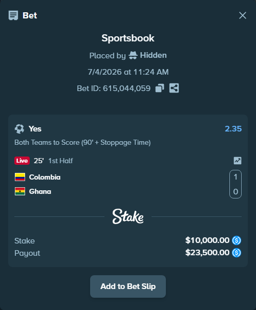 Bet slip: Colombia - Ghana, $10,000.00 stake at 2.35 odds, placed by Hidden