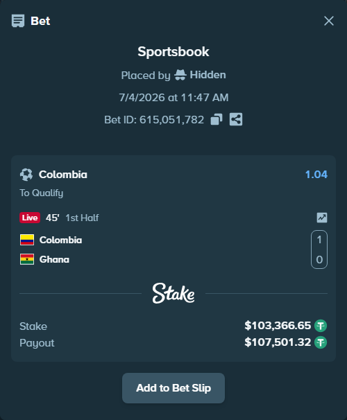 Bet slip: Colombia - Ghana, $103,470.02 stake at 1.04 odds, placed by Hidden