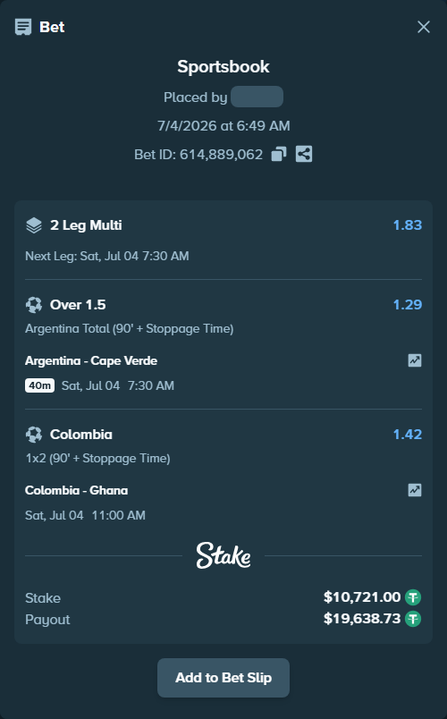 Bet slip: Colombia - Ghana, $10,731.72 stake at 1.42 odds, placed by Kvons