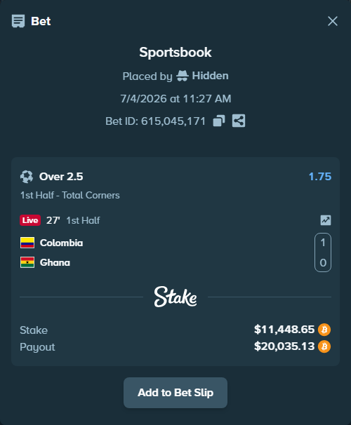 Bet slip: Colombia - Ghana, $11,528.62 stake at 1.75 odds, placed by Hidden