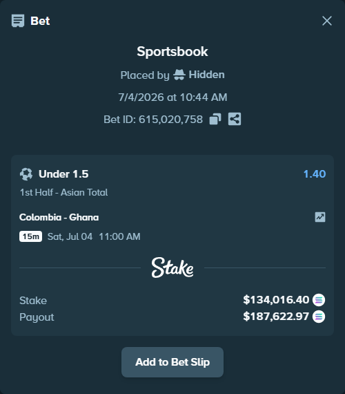 Bet slip: Colombia - Ghana, $134,478.75 stake at 1.40 odds, placed by LoveL98