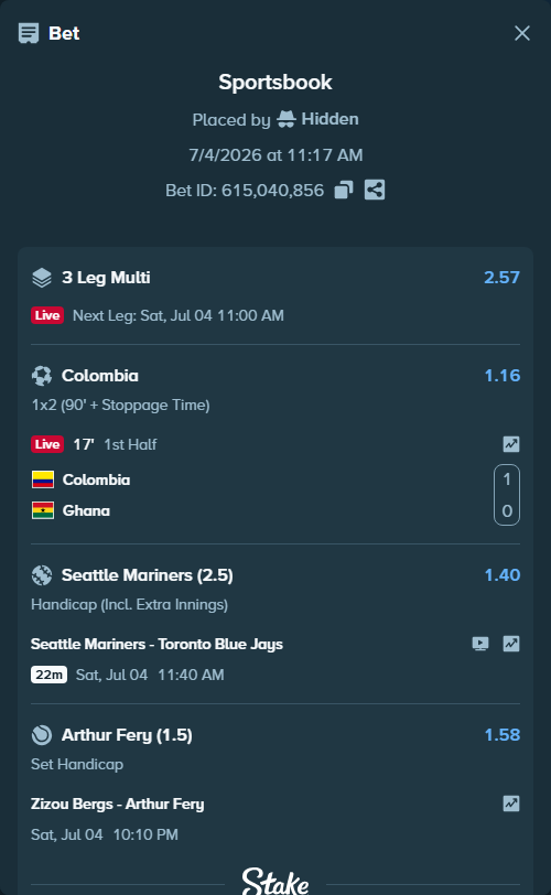 Bet slip: Colombia - Ghana, $13,996.46 stake at 1.16 odds, placed by Hidden