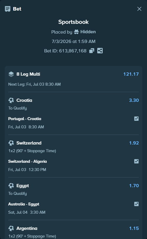 Bet slip: Colombia - Ghana, $15,015.00 stake at 1.51 odds, placed by Hidden