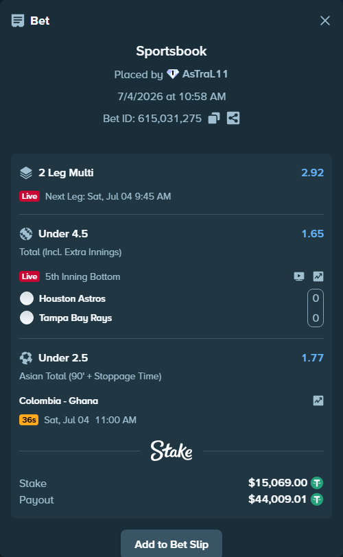 Bet slip: Colombia - Ghana, $15,084.07 stake at 1.77 odds, placed by AsTraL11