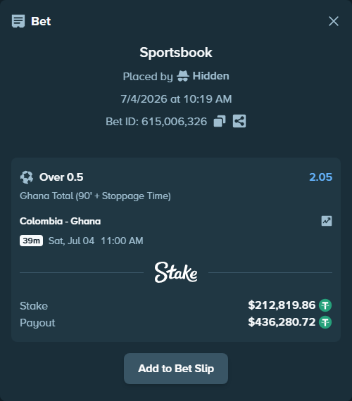Bet slip: Colombia - Ghana, $213,032.68 stake at 2.05 odds, placed by Hidden