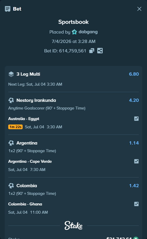 Bet slip: Colombia - Ghana, $21,764.39 stake at 1.42 odds, placed by dabgang