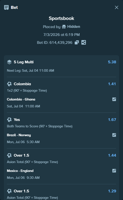 Bet slip: Colombia - Ghana, $24,260.46 stake at 1.41 odds, placed by Hidden