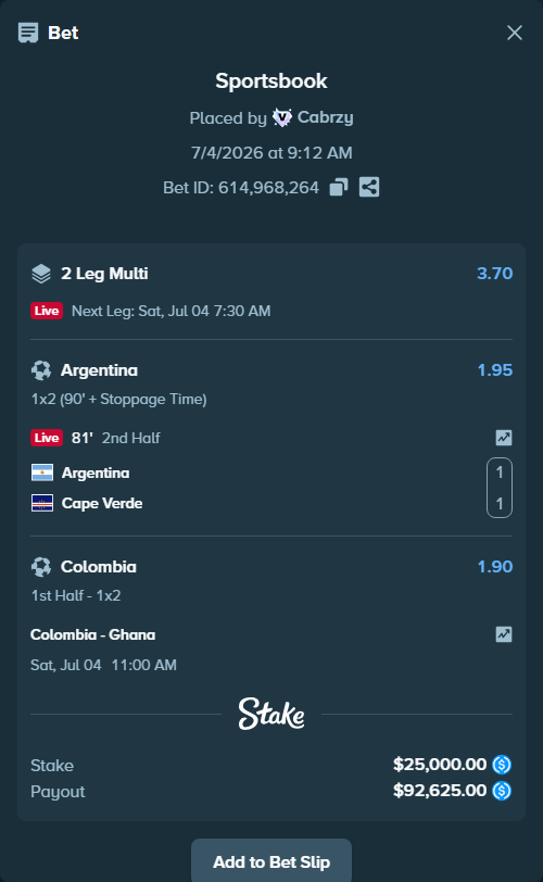 Bet slip: Colombia - Ghana, $25,000.00 stake at 1.90 odds, placed by Cabrzy