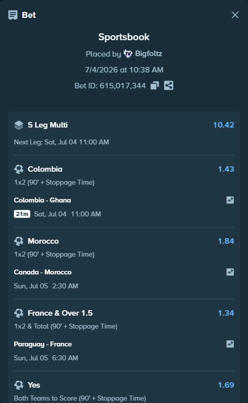 Bet slip: Colombia - Ghana, $33,866.31 stake at 1.43 odds, placed by Bigfoltz