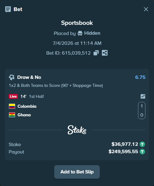 Bet slip: Colombia - Ghana, $37,014.10 stake at 6.75 odds, placed by Hidden