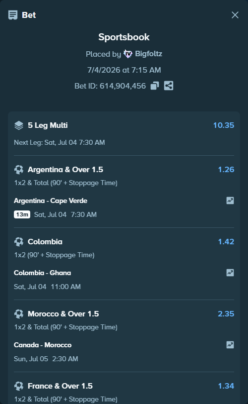 Bet slip: Colombia - Ghana, $38,220.67 stake at 1.42 odds, placed by Bigfoltz