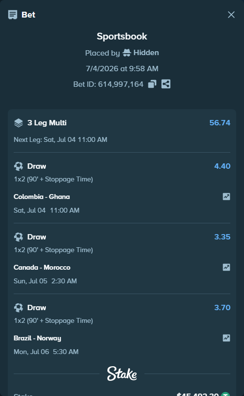 Bet slip: Colombia - Ghana, $45,537.79 stake at 4.40 odds, placed by Hidden