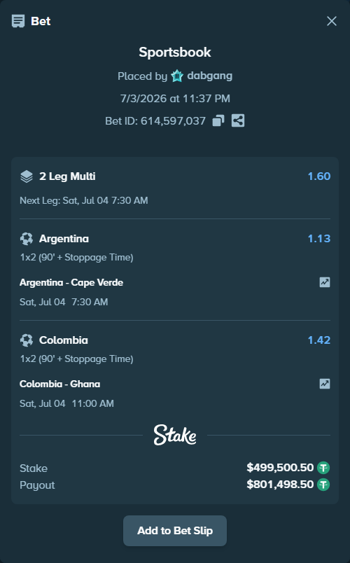 Bet slip: Colombia - Ghana, $500,000.00 stake at 1.42 odds, placed by dabgang