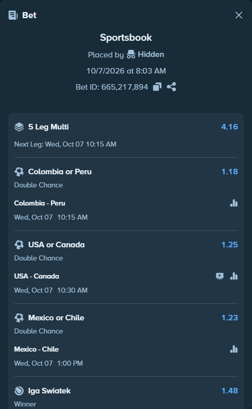 Bet slip: Colombia - Peru, $10,000.00 stake at 1.18 odds, placed by Hidden