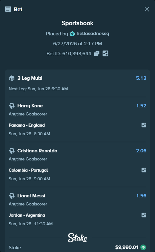 Bet slip: Colombia - Portugal, $10,000.00 stake at 2.06 odds, placed by hellasadnessq