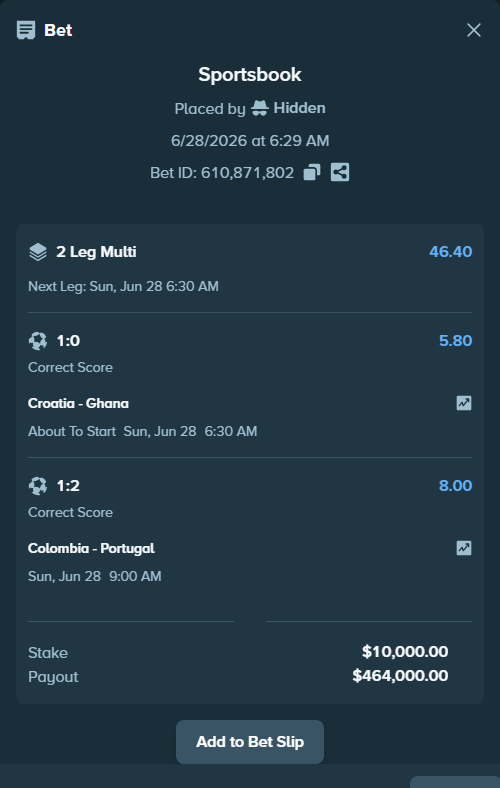 Bet slip: Colombia - Portugal, $10,000.00 stake at 8.00 odds, placed by Cabrzy
