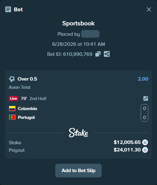 Bet slip: Colombia - Portugal, $13,985.90 stake at 2.00 odds, placed by Pierob76