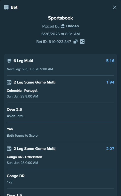 Bet slip: Colombia - Portugal, $15,036.03 stake at 1.67 odds, placed by Hidden