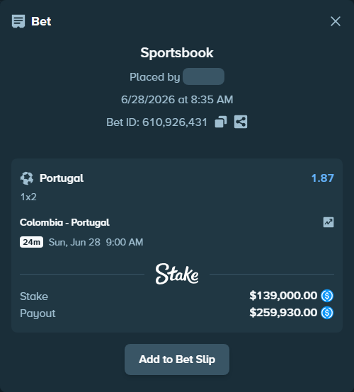 Bet slip: Colombia - Portugal, $139,000.00 stake at 1.87 odds, placed by Hasse5