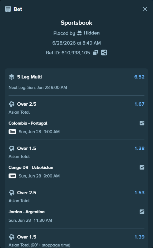 Bet slip: Colombia - Portugal, $16,333.40 stake at 1.67 odds, placed by Hidden