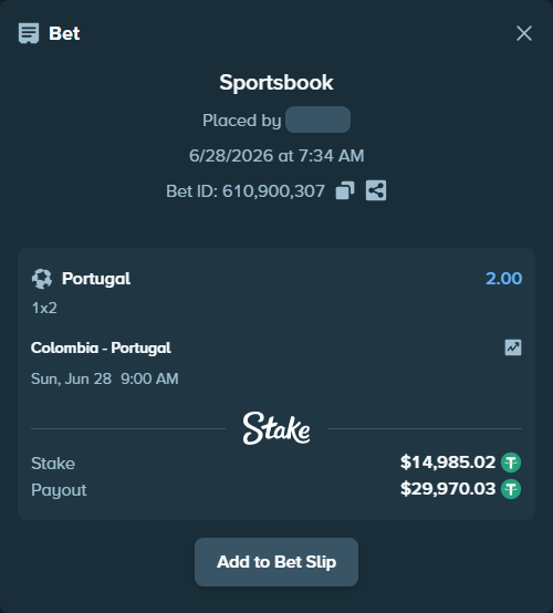 Bet slip: Colombia - Portugal, $15,000.00 stake at 2.00 odds, placed by Lybivsk25