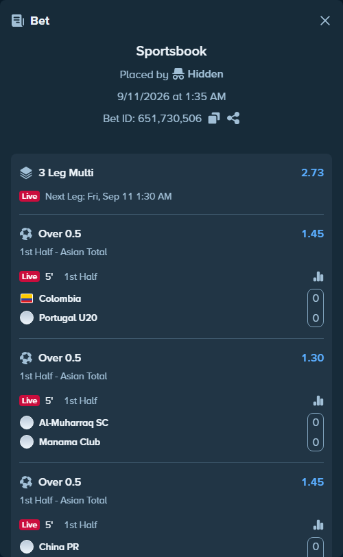Bet slip: Colombia - Portugal, $19,350.63 stake at 1.45 odds, placed by Hidden