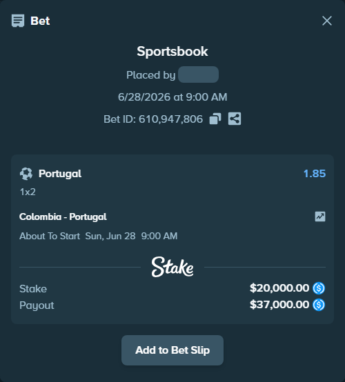 Bet slip: Colombia - Portugal, $20,000.00 stake at 1.85 odds, placed by Heidislay