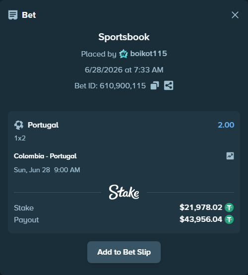 Bet slip: Colombia - Portugal, $22,000.00 stake at 2.00 odds, placed by boikot115