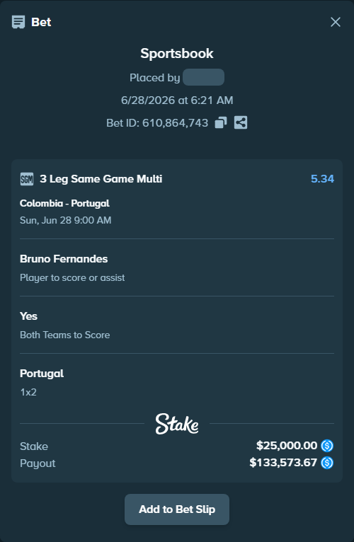 Bet slip: Colombia - Portugal, $25,000.00 stake at 1.94 odds, placed by Cabrzy