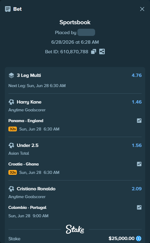 Bet slip: Colombia - Portugal, $25,000.00 stake at 2.09 odds, placed by Cabrzy