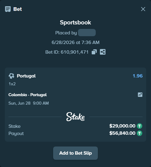 Bet slip: Colombia - Portugal, $29,029.00 stake at 1.96 odds, placed by Saidarx