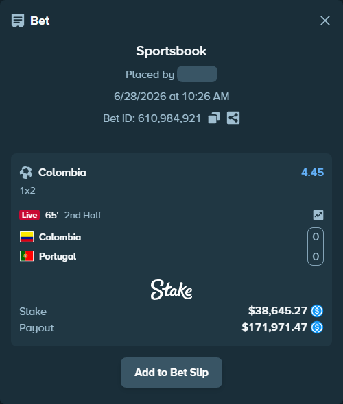 Bet slip: Colombia - Portugal, $38,645.27 stake at 4.45 odds, placed by scrubbylolol