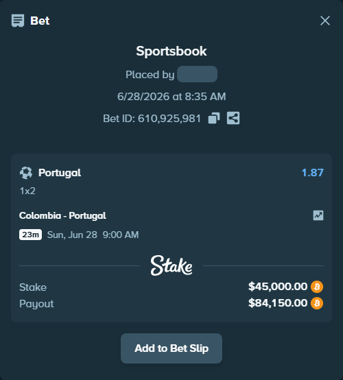 Bet slip: Colombia - Portugal, $46,778.61 stake at 1.87 odds, placed by Espnik